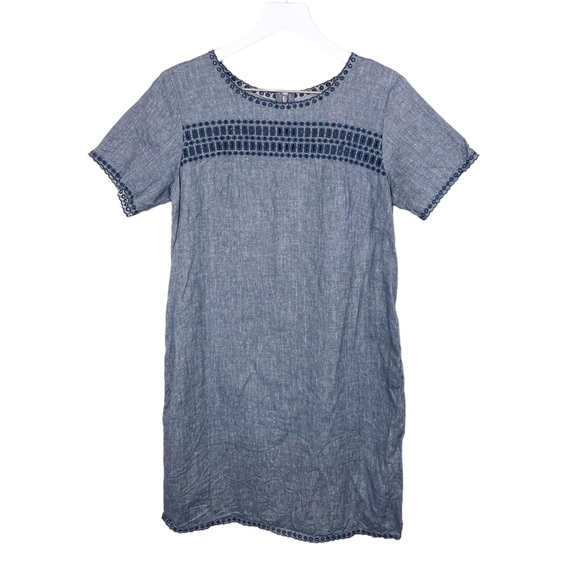 Ann Taylor Blue Chambray Shift Dress Size 4 Embroidered Eyelet Linen Cotton Boho - Picture 4 of 9